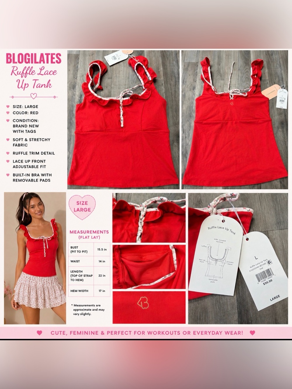 NWT Blogilates Ruffle Lace Up Tank Red Size Large Built-In Bra Floral Trim